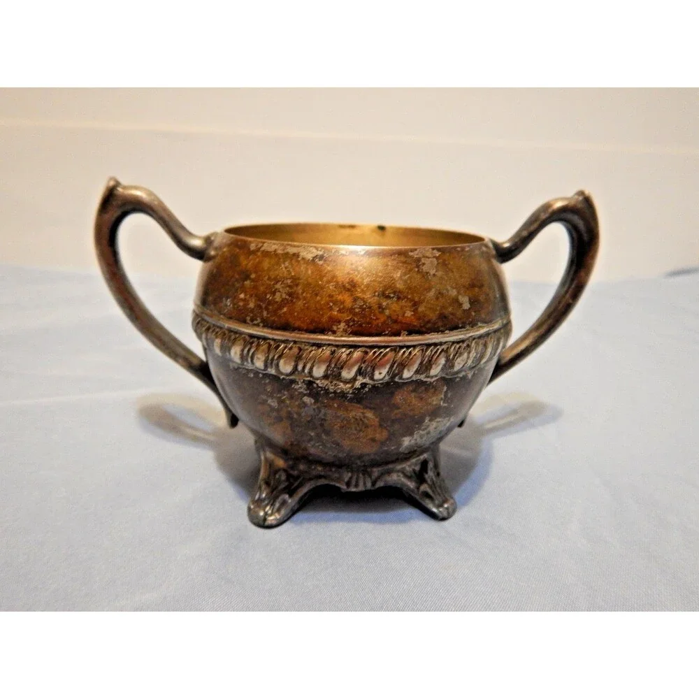 Antique Silverplate Sugar Bowl Twin Handle Footed Gadroon Border Scroll Feet